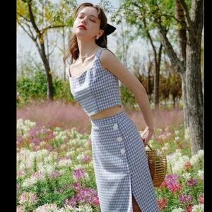 Petite Studio Blue Checkered Crop Top and Skirt Set